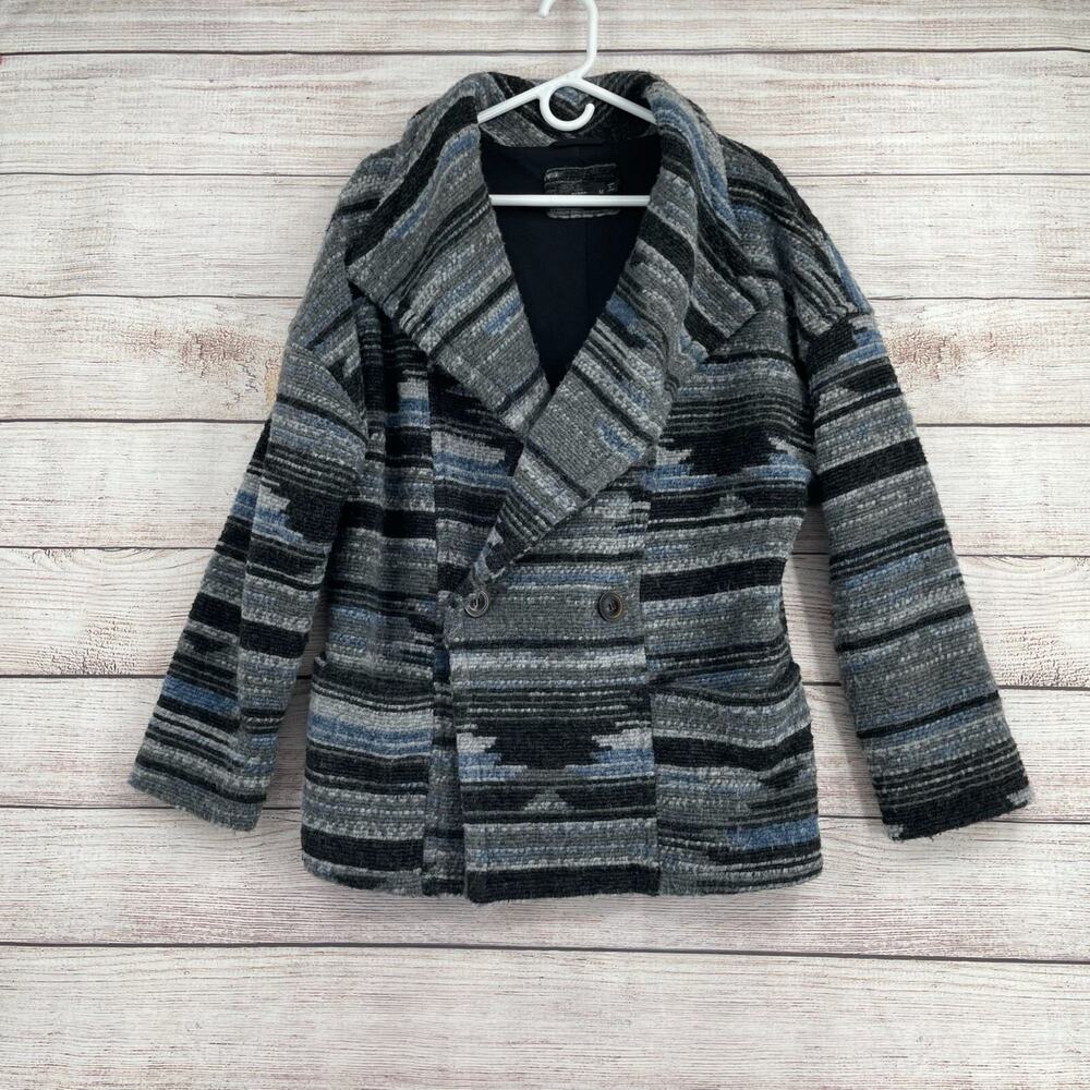 prAna Arria Wool Blend Double Breasted Jacket Women's Medium‎ Blue/Black/Gray